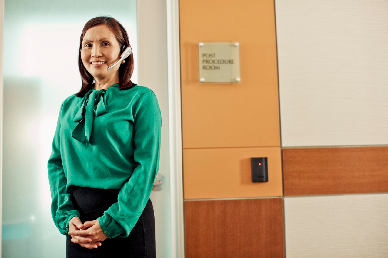 Woman with work headset on